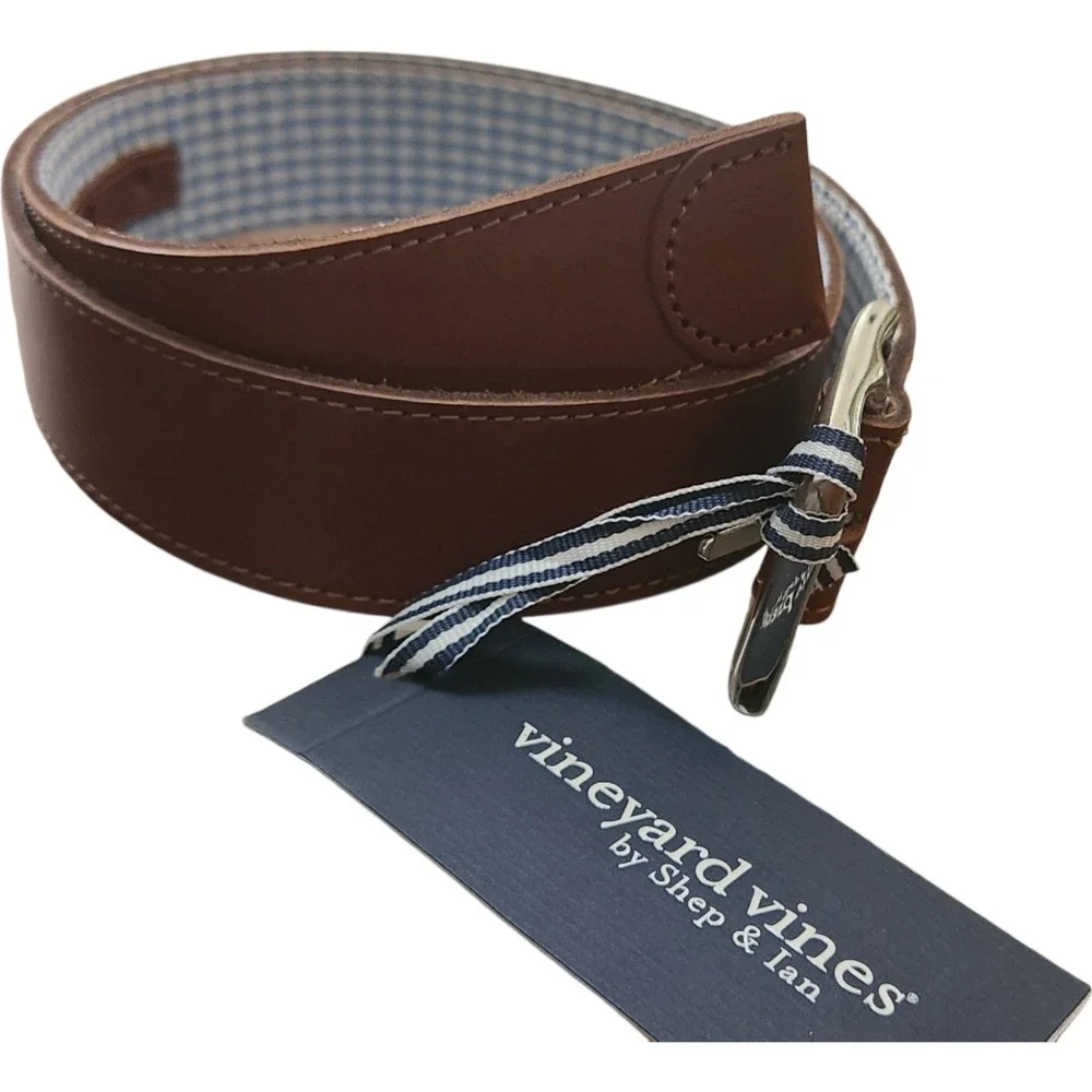 Vineyard Vines Gingham Reverse Leather Belt Summer Evening Blue White Size 32